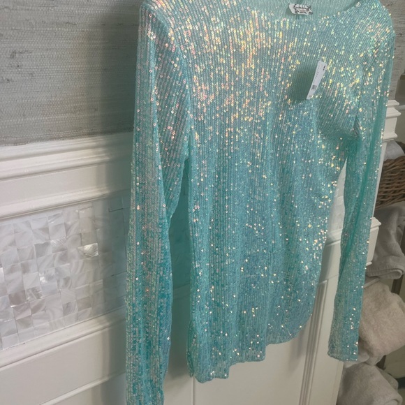NWT new FREE PEOPLE gold rush sequin long sleeve tee top XS Aruba blue shimmer - Picture 8 of 14